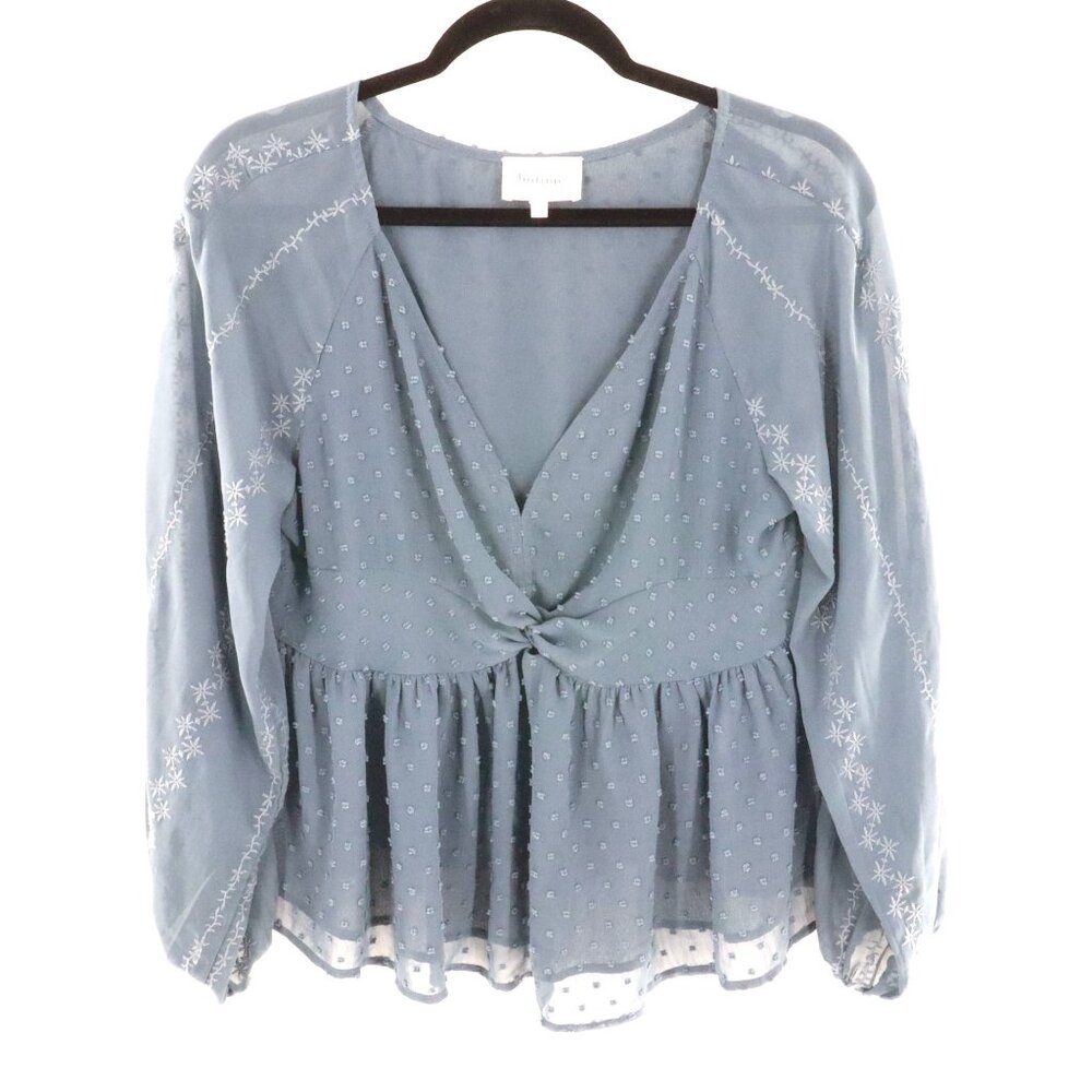 Böhme‎ Swiss Dot Chiffon Blouse Womens L Blue Gypsy Flowy Boho Airy Grannycore